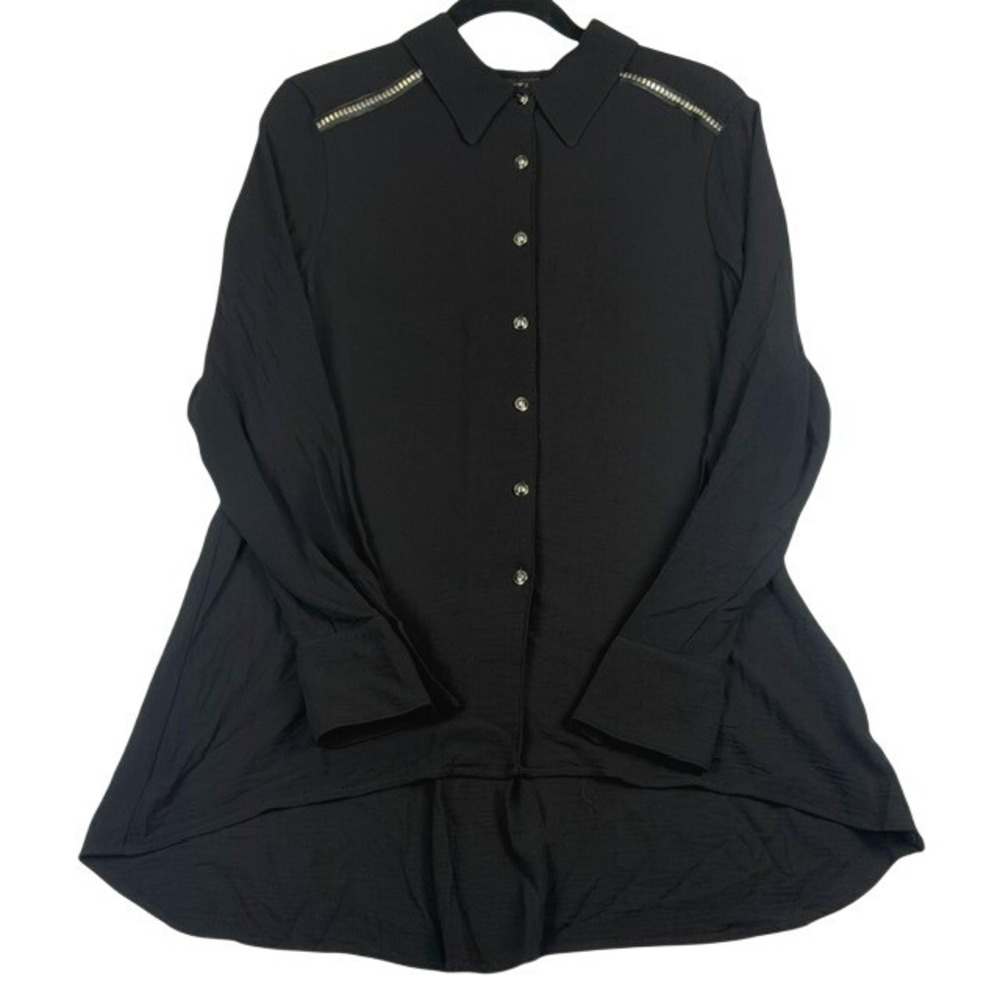 Michael Tyler Womens Black High-Low Button Down Shirt Chain Trim Back Zip  NEW